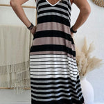 Multicolour Stripes Spaghetti Straps V Neck Maxi Dress