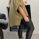WASHED ROLL UP SLEEVE STUDDED OVERSIZED TEE