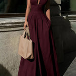 High Waisted Loose Pockets Solid Color Zipper V-Neck Jumpsuits
