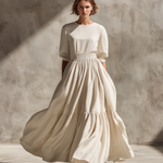 Women's Elegant, Natural-colored Cotton And Linen Blend Round-neck, Short-sleeved, Loose-fitting Long Dress