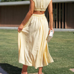 Cap Sleeve Belly-Hollow Pleated Solid Color Stand Collar Maxi Dresses