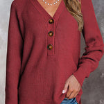 Half Button Raglan Sleeve V Neck Sweater