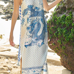 Just Enjoy Satin Unique Dragon Print Slit Loose Slip Midi Dress