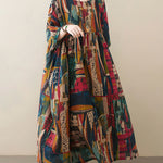Vintage Loose Abstract Printed Pleated Round-Neck Half Sleeves Midi Dress