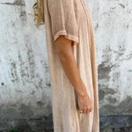 Bayside Bliss Linen Blend Short Sleeve Pleated Loose Midi Dress