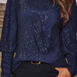 Solid Color Sequined Round Neck Long Sleeve Loose Top