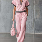 Elegant Fashion Sporty Hooded Front Zipper Short-sleeved Pink Cotton Top And Pants Set