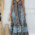 Bohemian Style Unique Print V-neck Suspender Holiday Maxi Dress
