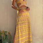 Yellow Ripple V-neck Slit Navel-exposed Long Suspender Dress