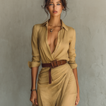 Ladies Lapel Single Breasted Long Sleeve Belted Maxi Dress