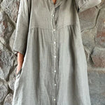 Cotton linen solid color casual stand collar button long dress