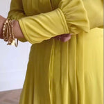 A-Line Long Sleeves Buttoned Pleated Pockets Solid Color Tied Waist V-Neck Maxi Dresses