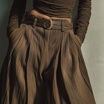 Women's Fashionable And Sexy Dark Brown Off-the-shoulder Long-sleeved Fitted Top Paired With Matching Wide-leg Trousers
