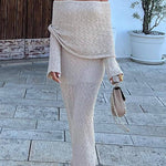 Marisol Ribbed Boucle Material Draped Off Shoulder Stretch Vacation Maxi Dress