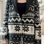 Winter Snowflake Waist Tie Lapel Midi Pocket Knit Cardigan