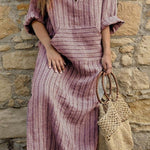 Cotton and linen yarn-dyed striped loose long dress