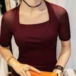 Simple Solid Color Square-Neck Half Sleeves Shirt