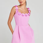 Cindy Faux Pearl Flower Applique Square Neck Pocketed Mini Dress