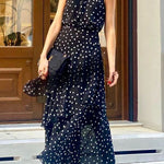 Cabana Date Polka Dot Print Halter Bow Neck Tiered Maxi Dress