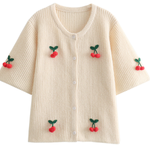 V-neck Cherry Embellished Cardigan Cropped Knitted Sweater