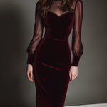 Elegant Mesh Polyester Velvet Stitching Sweetheart Neckline Slim Midi Dress