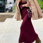 Column Ribbed Maxi Dress with Crew Neck in Burgundy