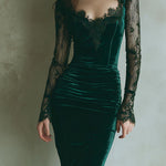 Elegant Green Velvet Long Sleeve Lace Midi Dress