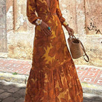 Sunflower Print Ring Cutout Waist Long Sleeve Maxi Dress