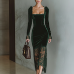 Women's Burgundy Velvet Lace Fitted Maxi Dress