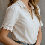 Vintage-Inspired Lace Trim White Blouse