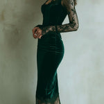 Elegant Green Velvet Long Sleeve Lace Midi Dress