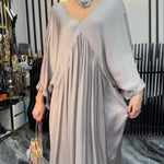 Satin Solid Color V-neck Lotus Leaf Sleeve Loose Pleated Maxi Dress