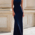 Navy Halter Ruched Column Maxi Dress