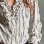 Vintage Cotton Stripe Ruffle V-Neck Button-Down Blouse