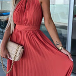 Halter Neck Pleated Swing Dress