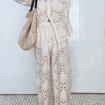 Lillah Embroidered Lace Shell Pattern Long Sleeve Loose Blouse