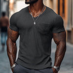 Men's Casual Ribbed Cotton Blend V-neck Slim Fit Short-sleeved T-shirt