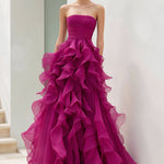 Strapless Magenta Ruffled Ball Gown