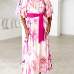 Floral Print Elegant Puff Sleeve Tie-Waist Midi Dress
