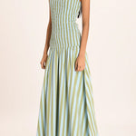 High Neck Sleeveless Smocked Bodice Striped Midi Dress