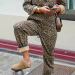 Leopard print jumpsuit with lapel