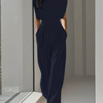 Loose Pleated Solid Color Split-Joint Round-Neck Jumpsuits