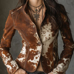 Vintage Stand Collar Suede Cow Print Slim Jacket