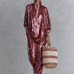 Women's Burgundy Glamorous Sequin Striped - Trimmed Oversized Loungewear Set