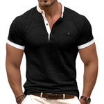Men's Casual Colorblock Cotton Henley Collar Patch Pocket Slim Fit Short Sleeve T-Shirt