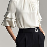 Half Sleeves Loose Layered Pleated Solid Color Split-Joint Mock Neck Blouses&Shirts Tops