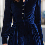 Navy Velvet Blazer Collar Puff Sleeve Romper