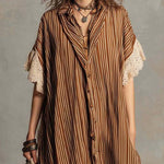 Bohemian Casual Striped Midi Dress With Linen Patchwork Hem.