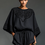 Women's Minimalist Embroidered Blouse And Drawstring Shorts Set