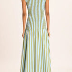 High Neck Sleeveless Smocked Bodice Striped Midi Dress